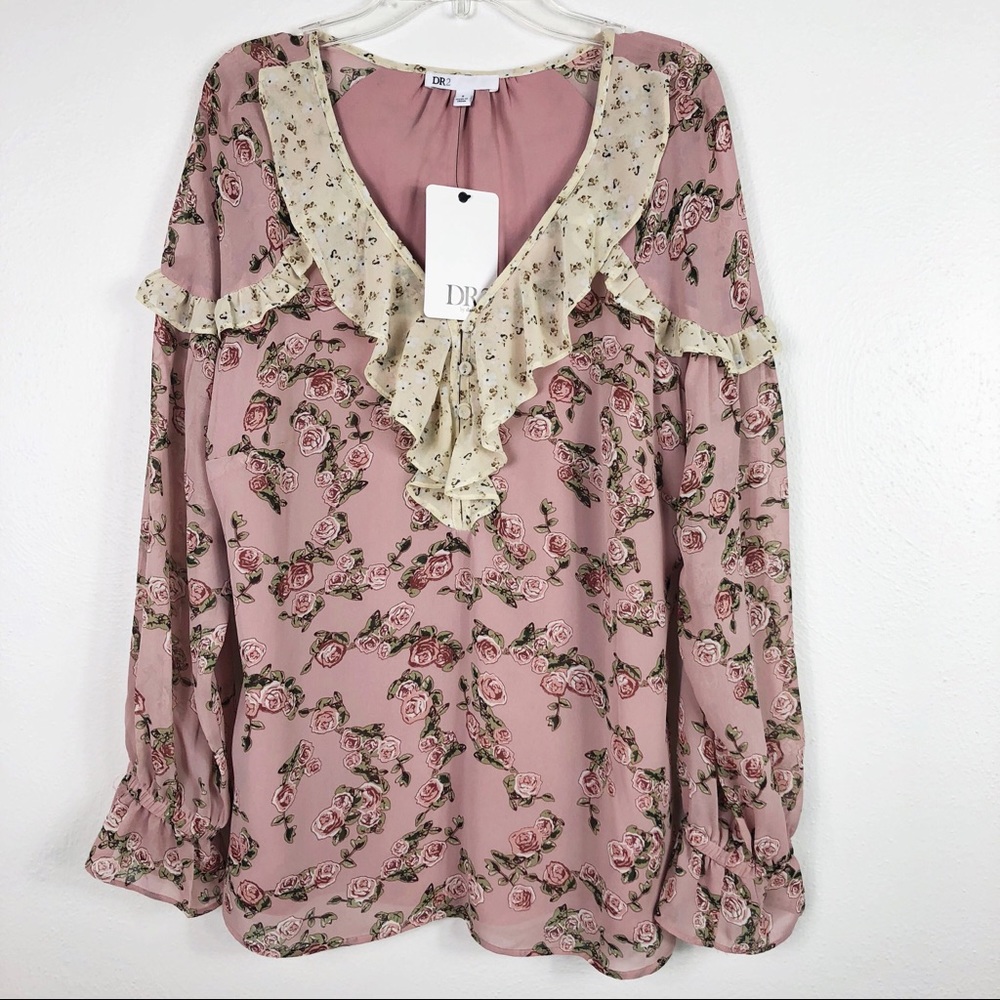 DR2 By Daniel Rainn Rose Baby Pink Floral Print Ruffle Blouse - Picture 1 of 8
